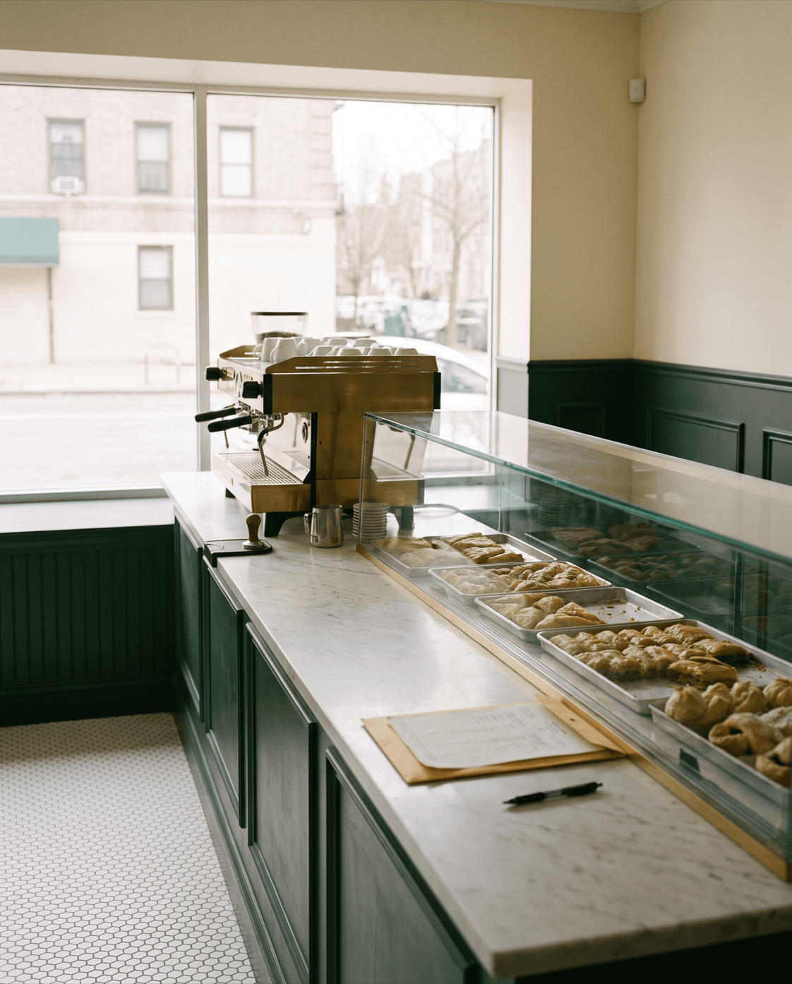 Neighborhood café counter with marble top, brass espresso machine, and green wainscoting