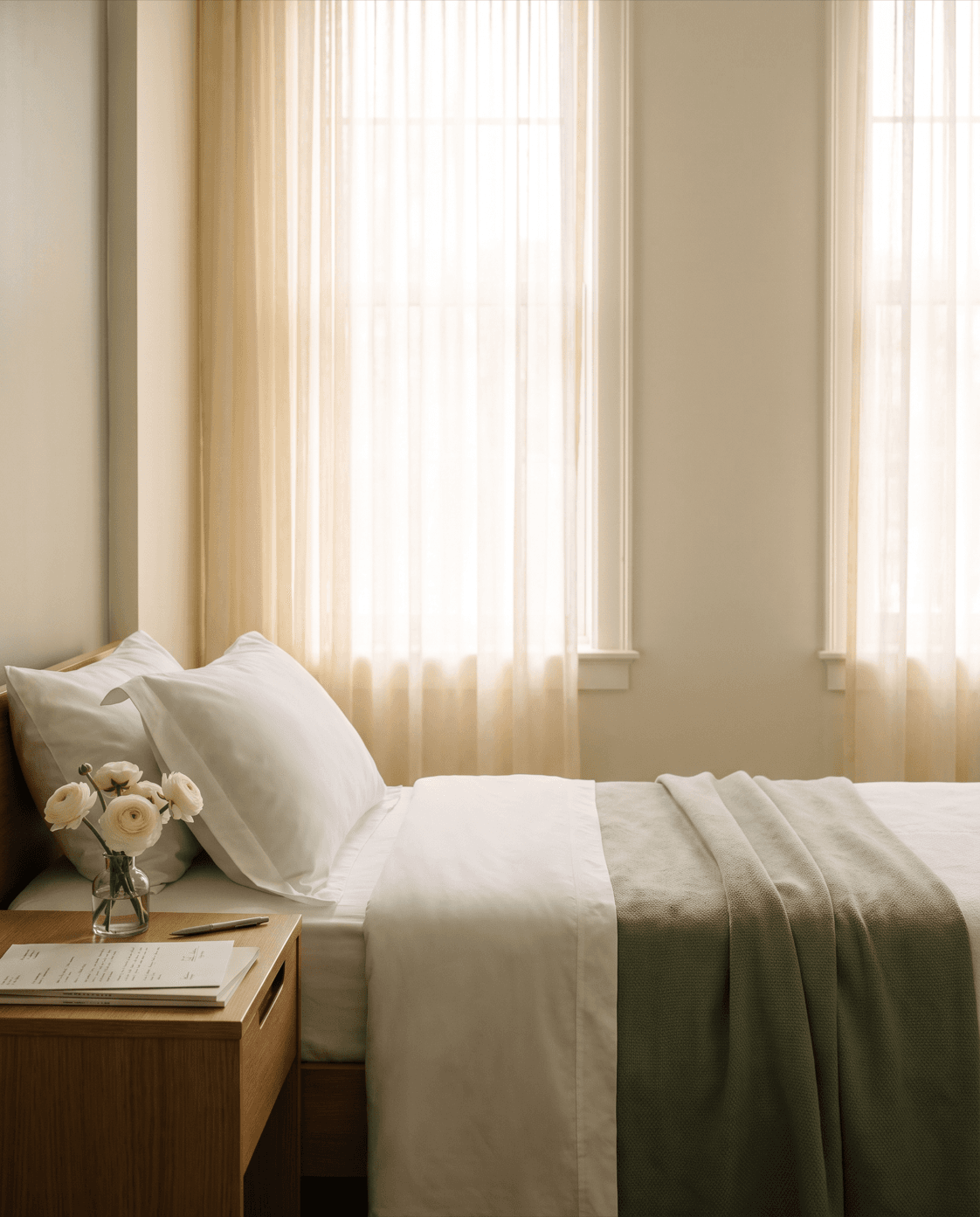 Calm private hospital room with a made bed, sage blanket, and flowers in afternoon light