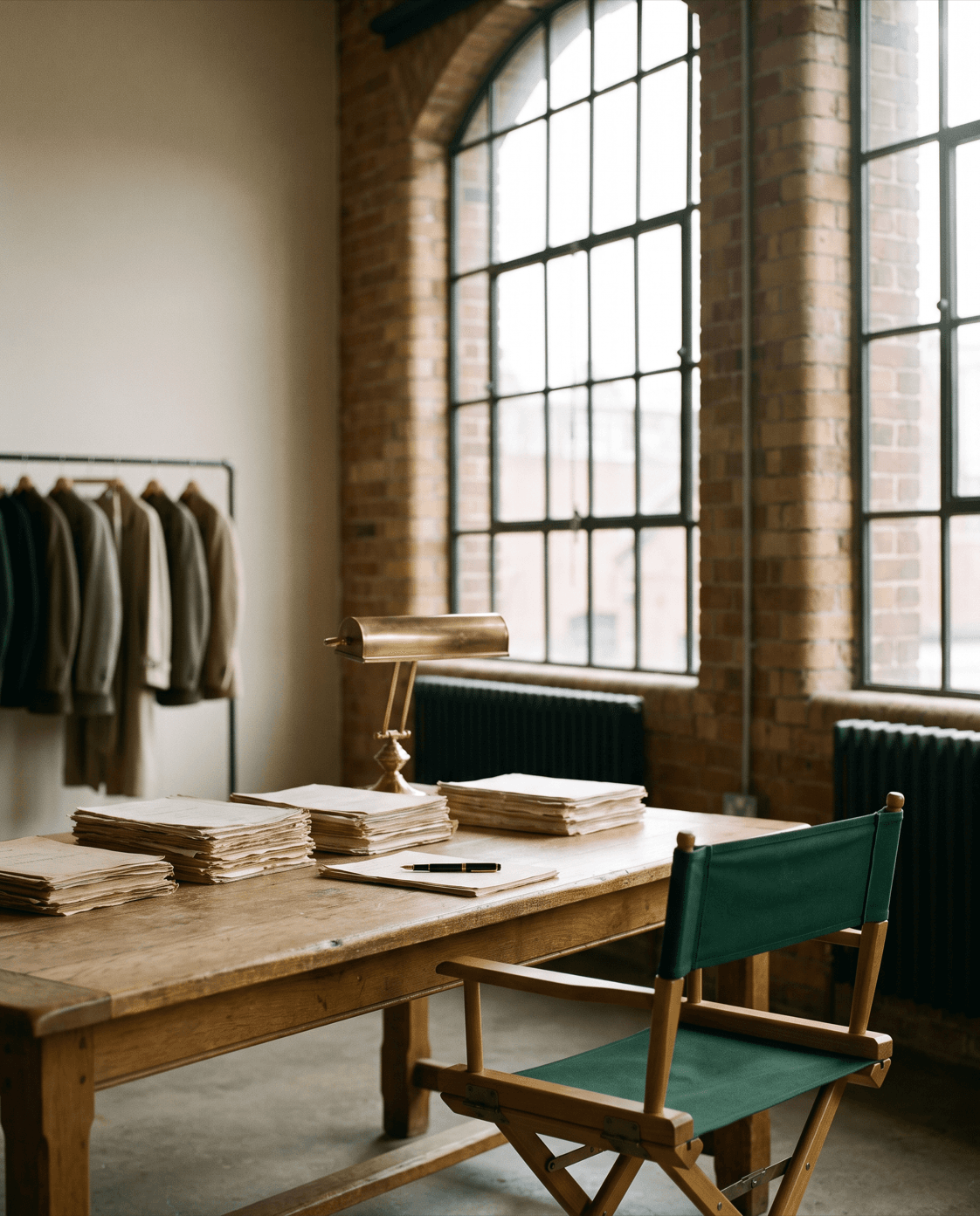 Production office in a converted industrial studio with factory windows and a worktable of contracts