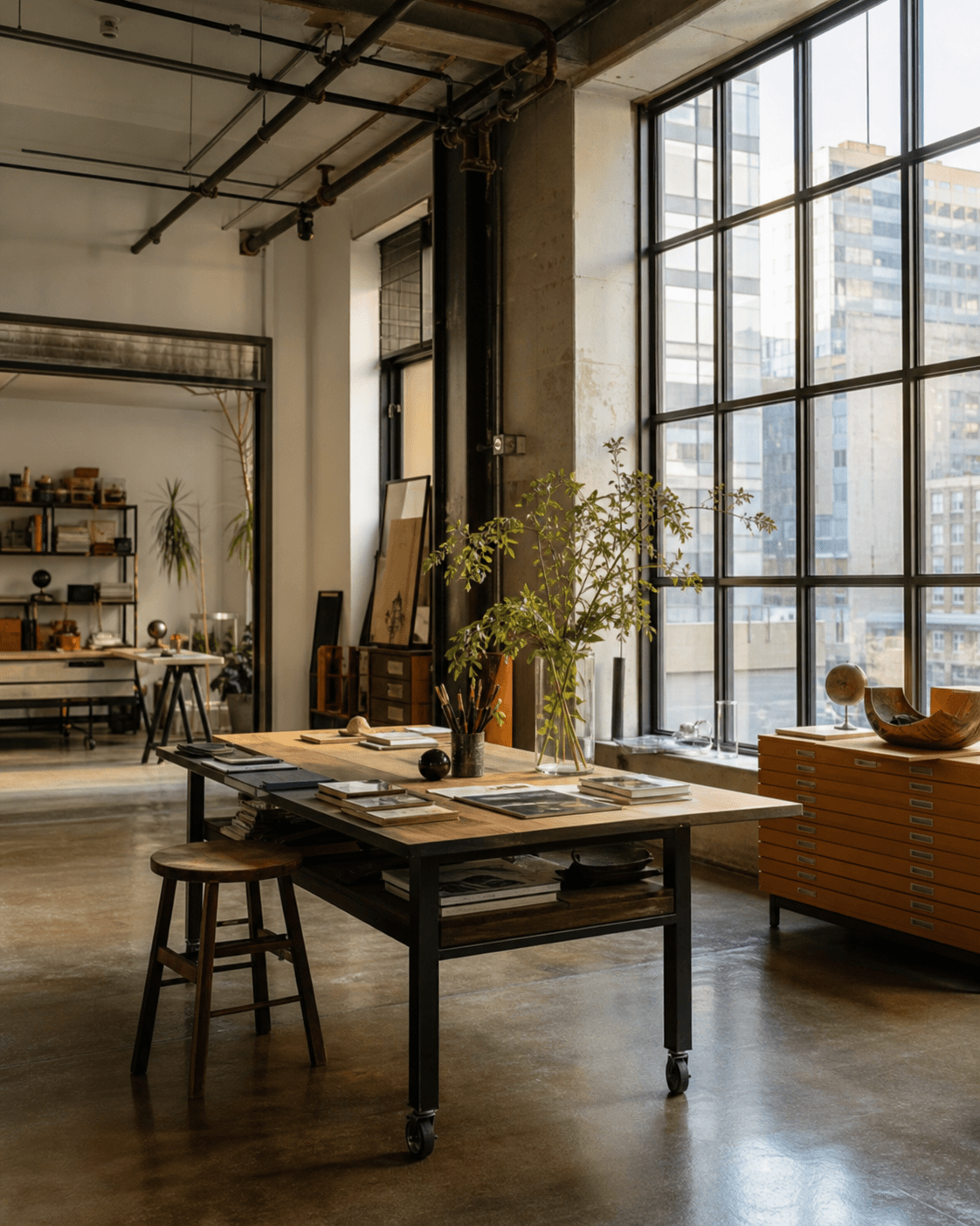 Refined Long Island City creative loft studio with industrial windows and a worktable