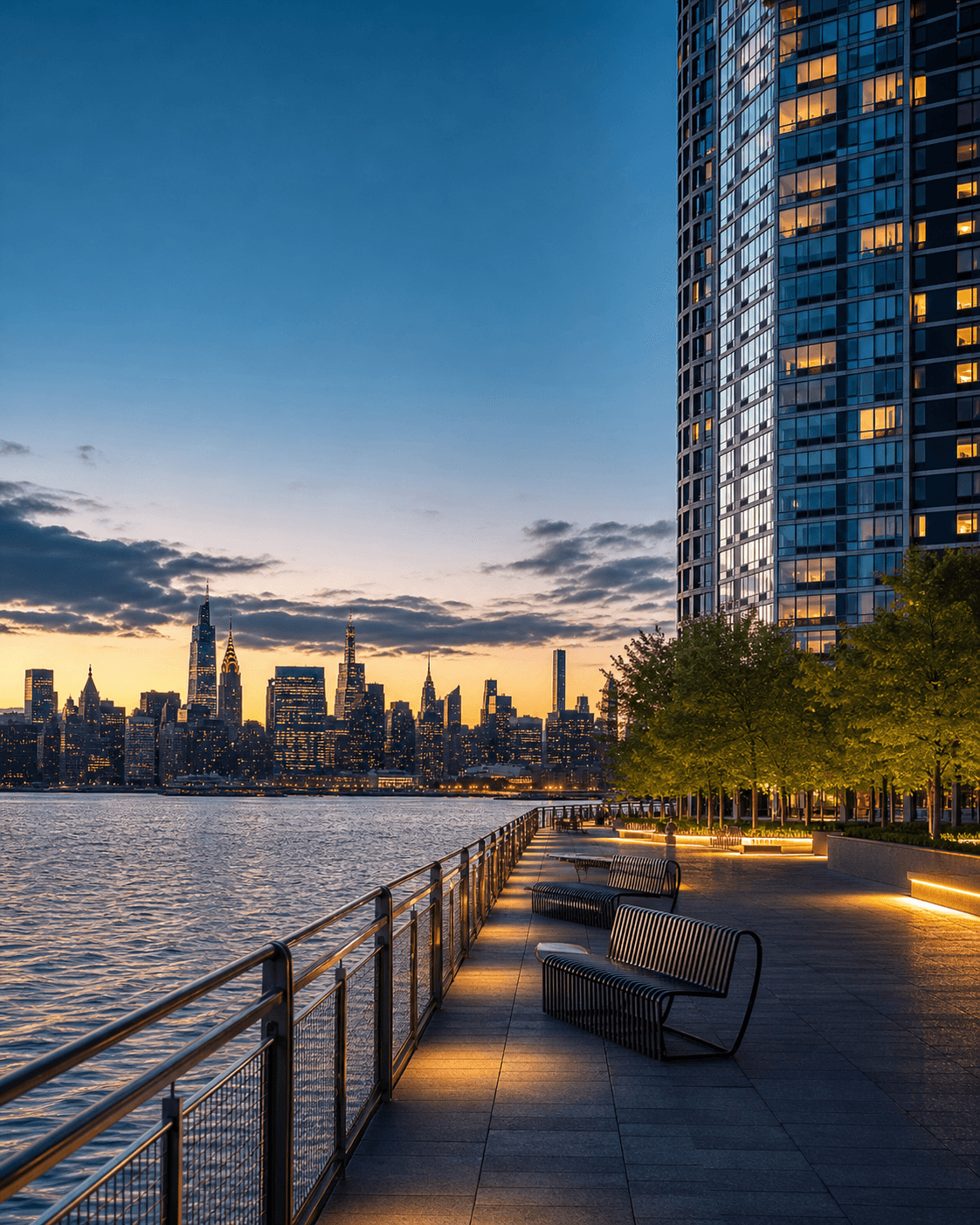 Long Island City waterfront promenade at dusk with Manhattan skyline views