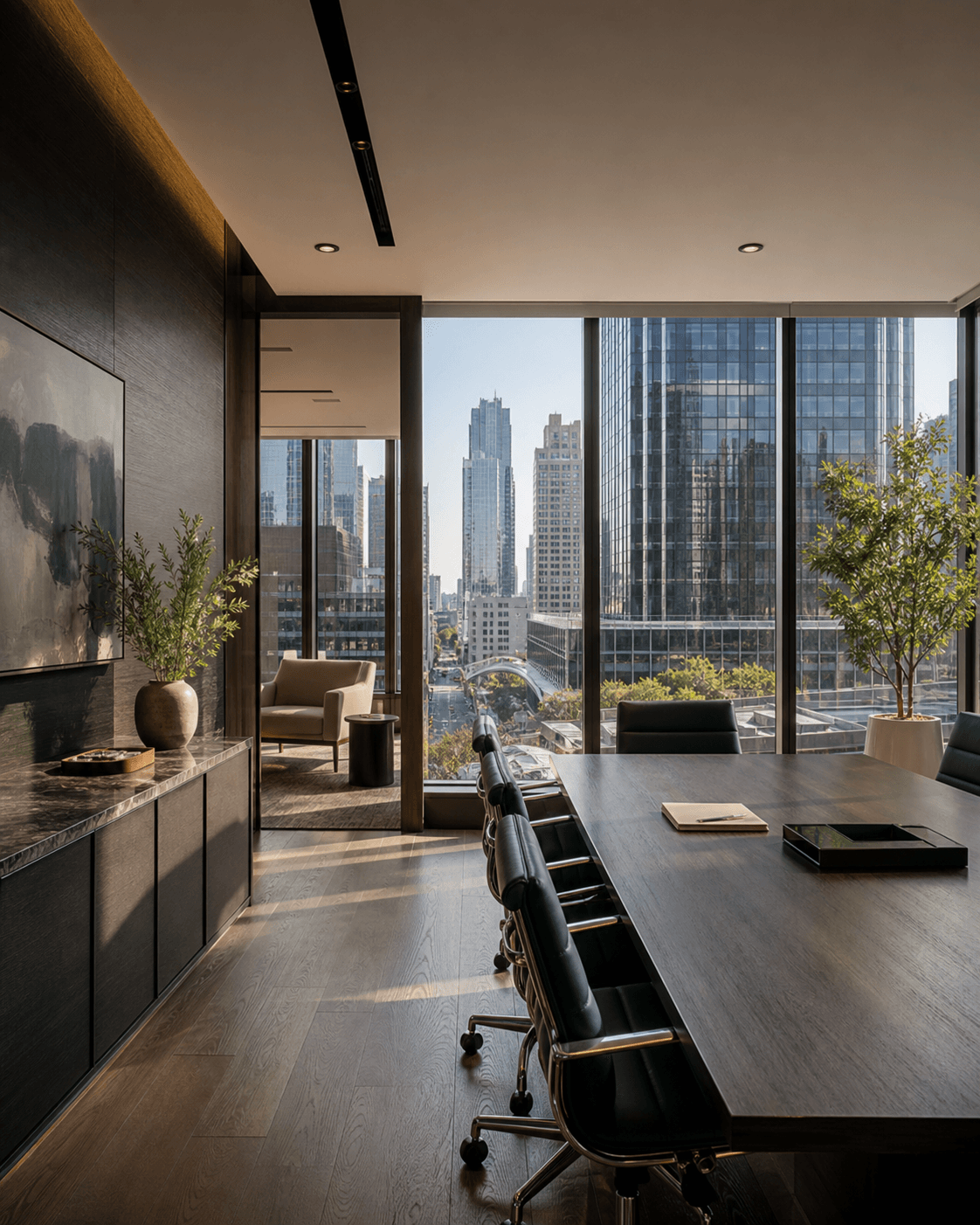 Contemporary Long Island City office conference room overlooking Queens Plaza towers