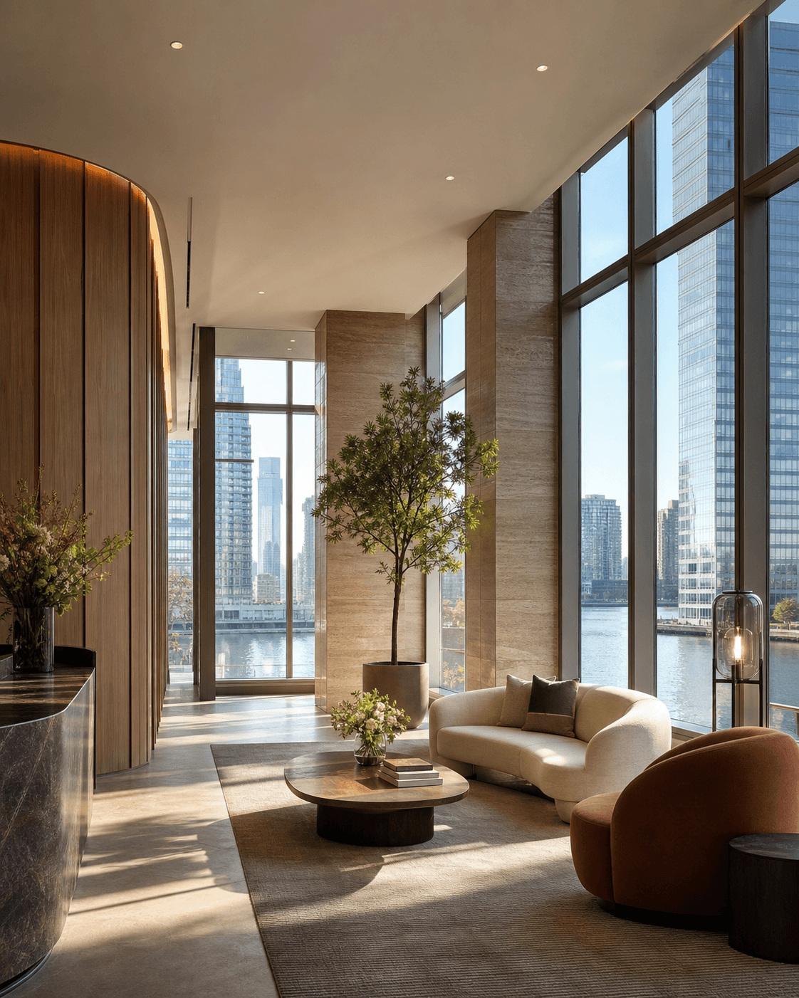 Warm Long Island City waterfront residential lobby with tall windows and refined seating