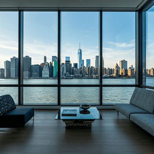 modern luxury apartment interior on Roosevelt Island with large windows overlooking the East River and Manhattan skyline