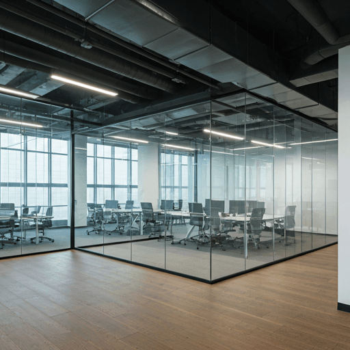sleek modern corporate office interior with glass walls and professional atmosphere at Cornell Tech campus