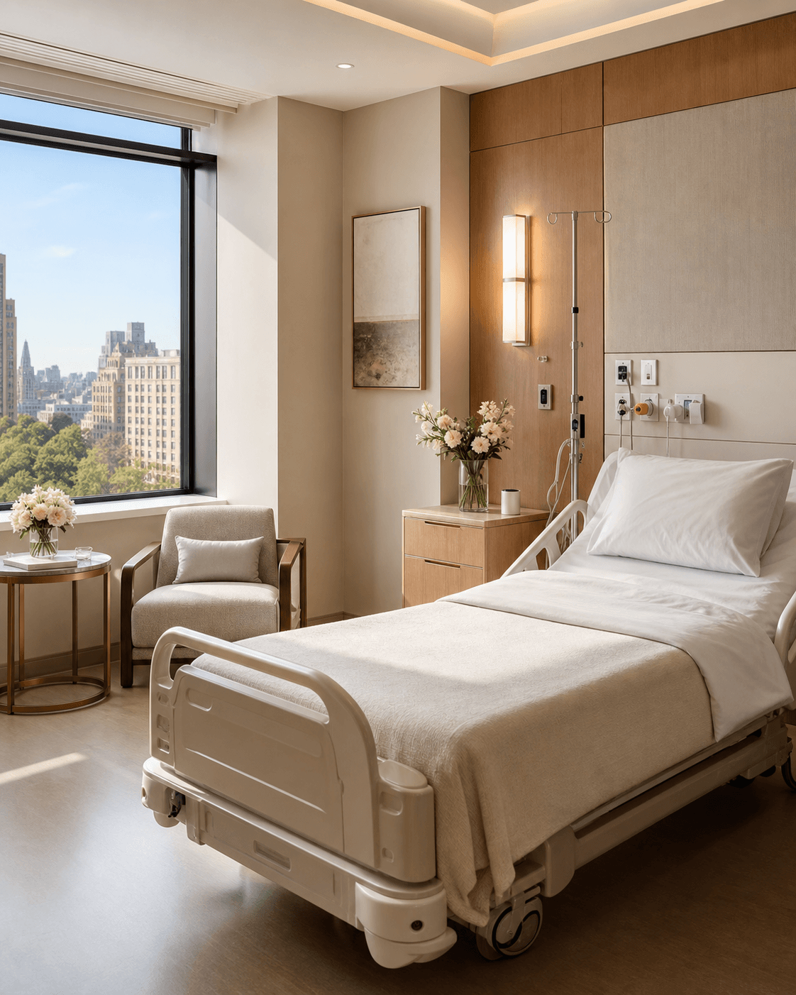 Calm private hospital suite with daylight and a neatly made bed