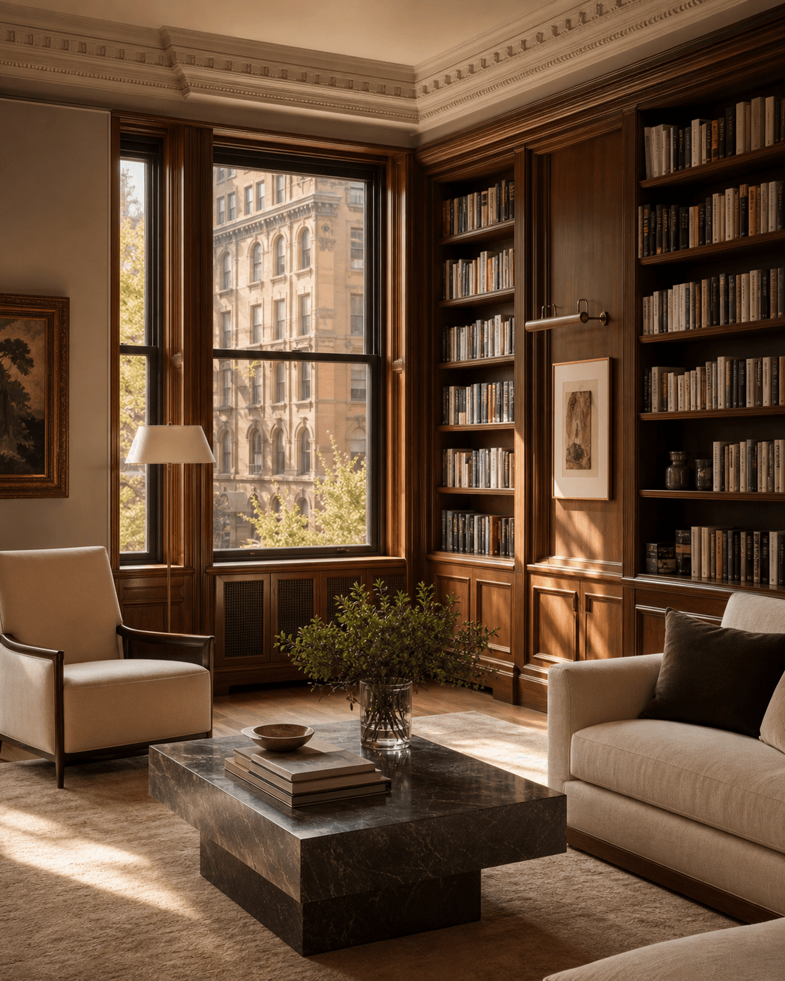 Warm prewar Upper East Side apartment interior with wood shelves and tall windows